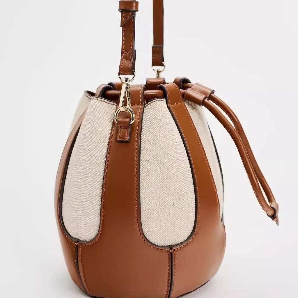Canvas Drawstring Bucket Bag for Women Designer Handbags Luxury Shoulder Bags Crossbody Bags Phone Clutch Patchwork