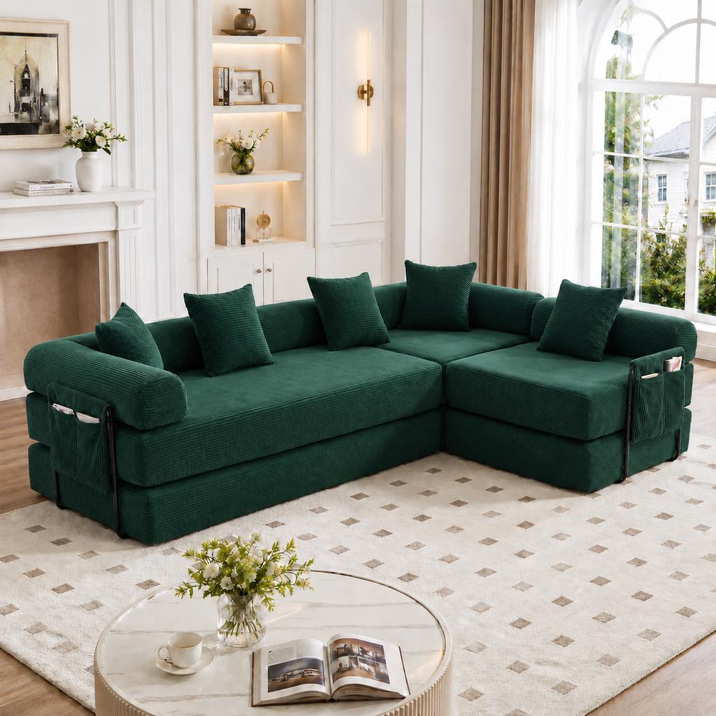 (old sku:W2845S00202) Emerald green family sofa with storage and modular function. Vacuum-packed for easy assembly, pet-friendly. Ideal for relaxing.