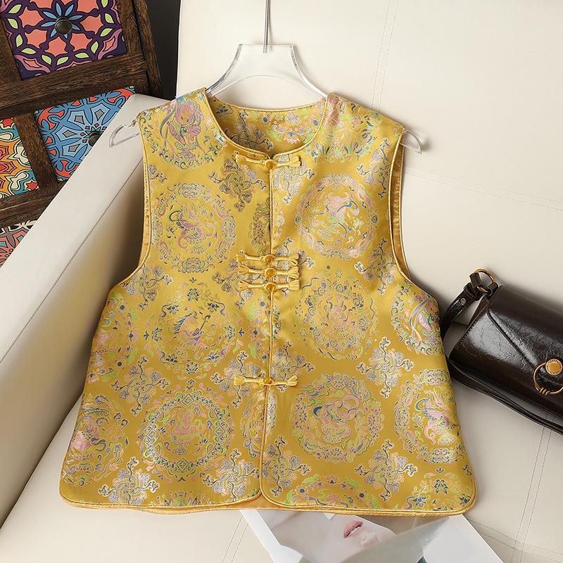 

Women s Spring Autumn Tang Suit-Style Vest with Retro Frog Button 3XL (for 57.5-65 kg) жёлтый