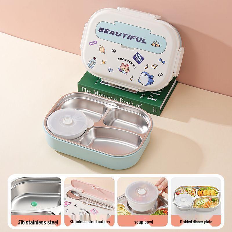 Boîte à lunch Bento pour enfants, à couvercle rabattable, en acier inoxydable 316, compatible micro-ondes, avec compartiments pour les aliments, à décorer soi-même et décorée de dessins animés.