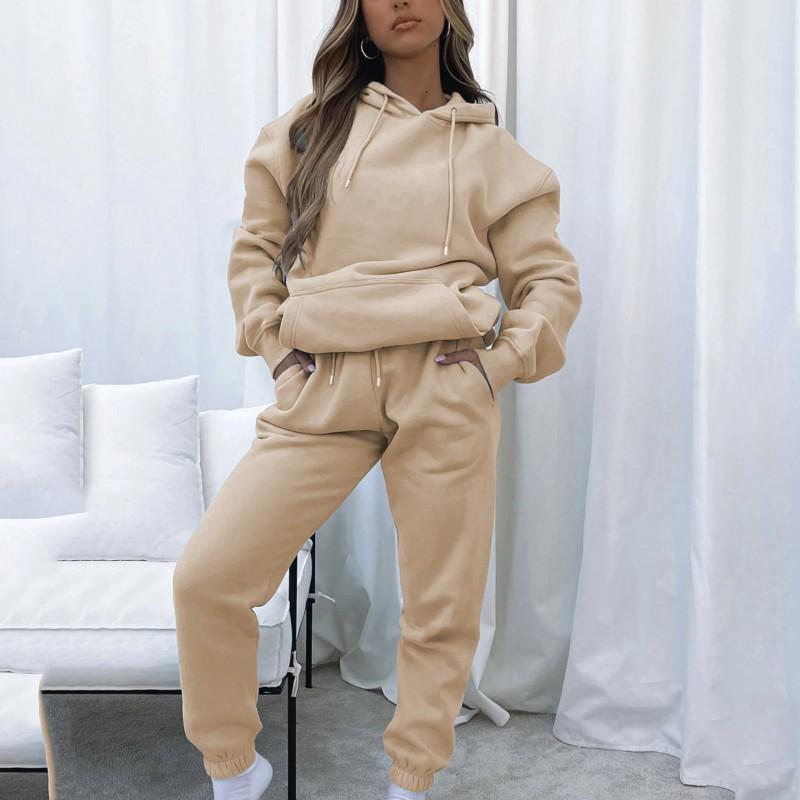 Womens Solid Color Hooded Long Sleeve Sweatshirt Set Casual Street Style Outfit