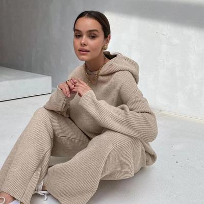 Women Solid Color Long Sleeve Hooded O Neck Hoodies Suit Autumn Winter Loose Top Wide Leg Pants