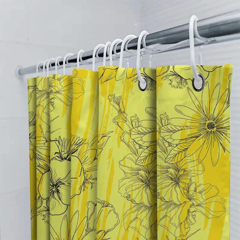 Hand-Drawn Floral Shower Curtain Yellow Color With Black Flowers For Bathroom Decoration Waterproof Fabric Material