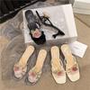 2025 Summer New Flower Stiletto Slippers Wear Open-toed One-word Slippers Silver High Heels Gentle Women's Shoes
