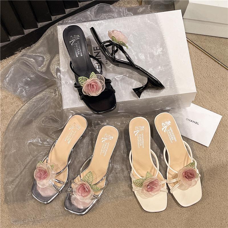 2025 Summer New Flower Stiletto Slippers Wear Open-toed One-word Slippers Silver High Heels Gentle Women's Shoes