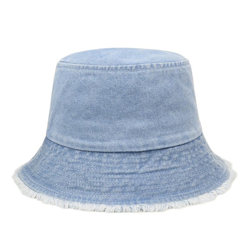 Džínový klobouk typu bucket hat pro ženy, retro s odřenými a surovými okraji, novinka na jaro a léto, snadno kombinovatelný pro ochranu před sluncem