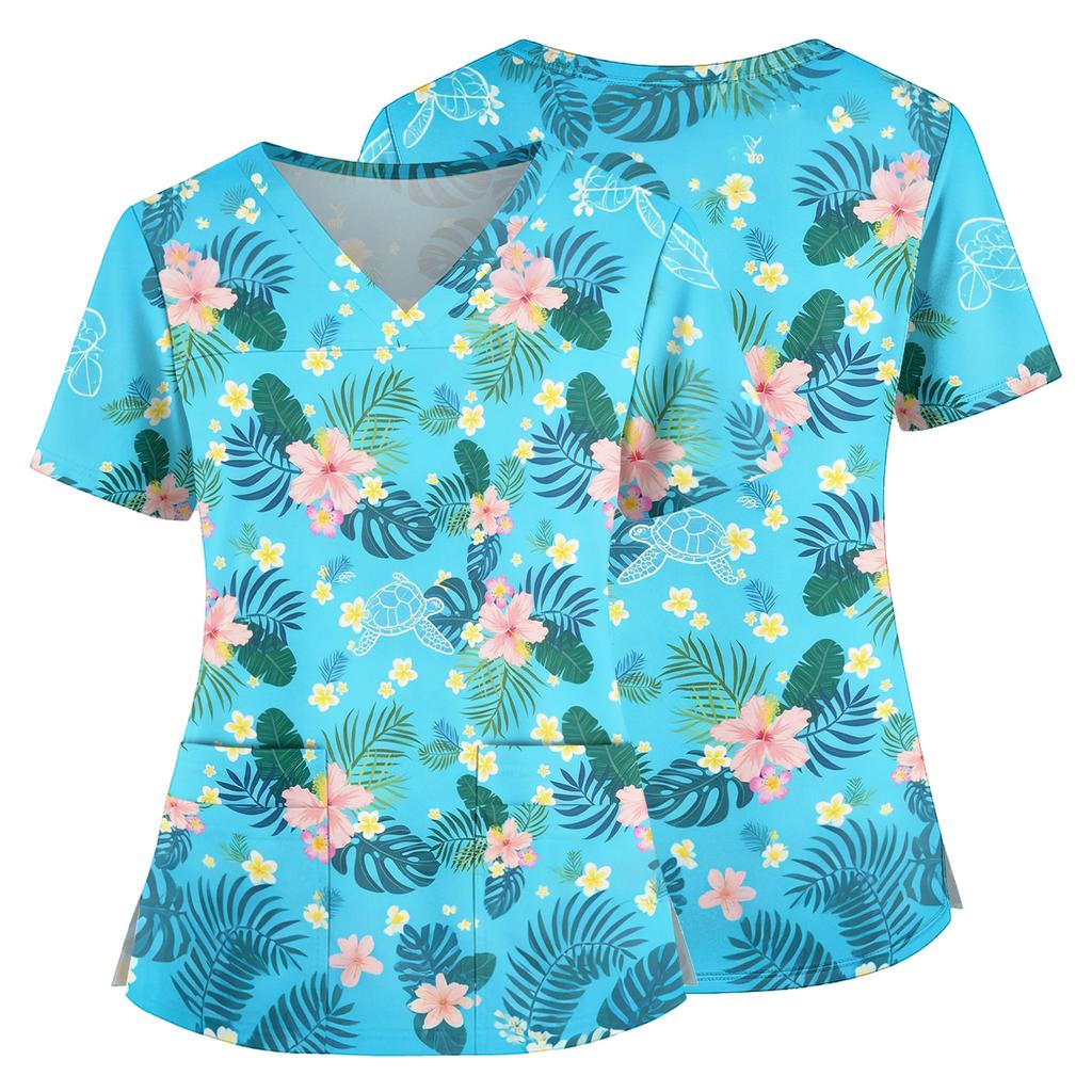 Women Nurse Scrub Top Hawaiian Print V Neck Short Sleeve Medical Uniform Shirt with Pockets and Side Slits for Healthcare Professionals