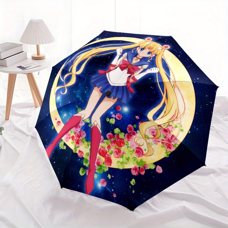 Sailor Moon Sichelmond mit Blumen Schirm, Tragbarer 3-fach Kompakter Schirm für Damen & Herren, S75