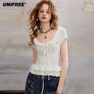 Sweet Cool Girl Double Layer Lace Trim Slim Fit T-shirt