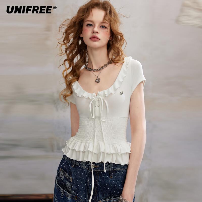 UNIFREE Sweet Cool Girl Double Layer Lace Trim Slim Fit T-shirt S