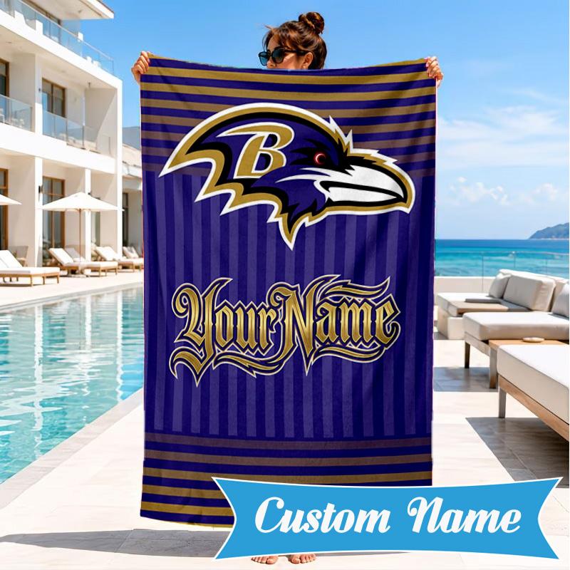 Custom Name football Ravens Logo Personalized Microfiber Beach Towel, Quick-Dry, Ideal for Summer Travel, Beach Essential, Swimming