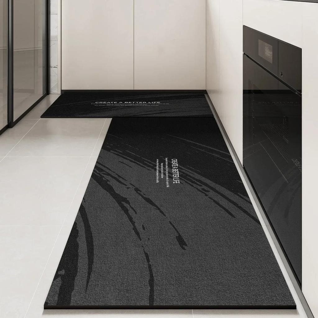 Kitchen Floor Mat Pvc Waterproof Leather Carpet Black Carpets Long Foot Mats Non-slip Oil-proof Modern Home Decoration Rug