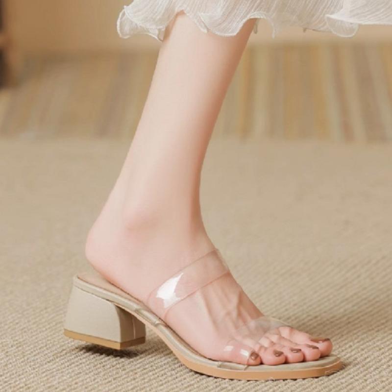 

Fashion Peep Toe Women s 2025 Summer Newest Style Fashion Thick Heel Women Slippers Transparent Mid-heel Female Sandals 35 абрикосовый