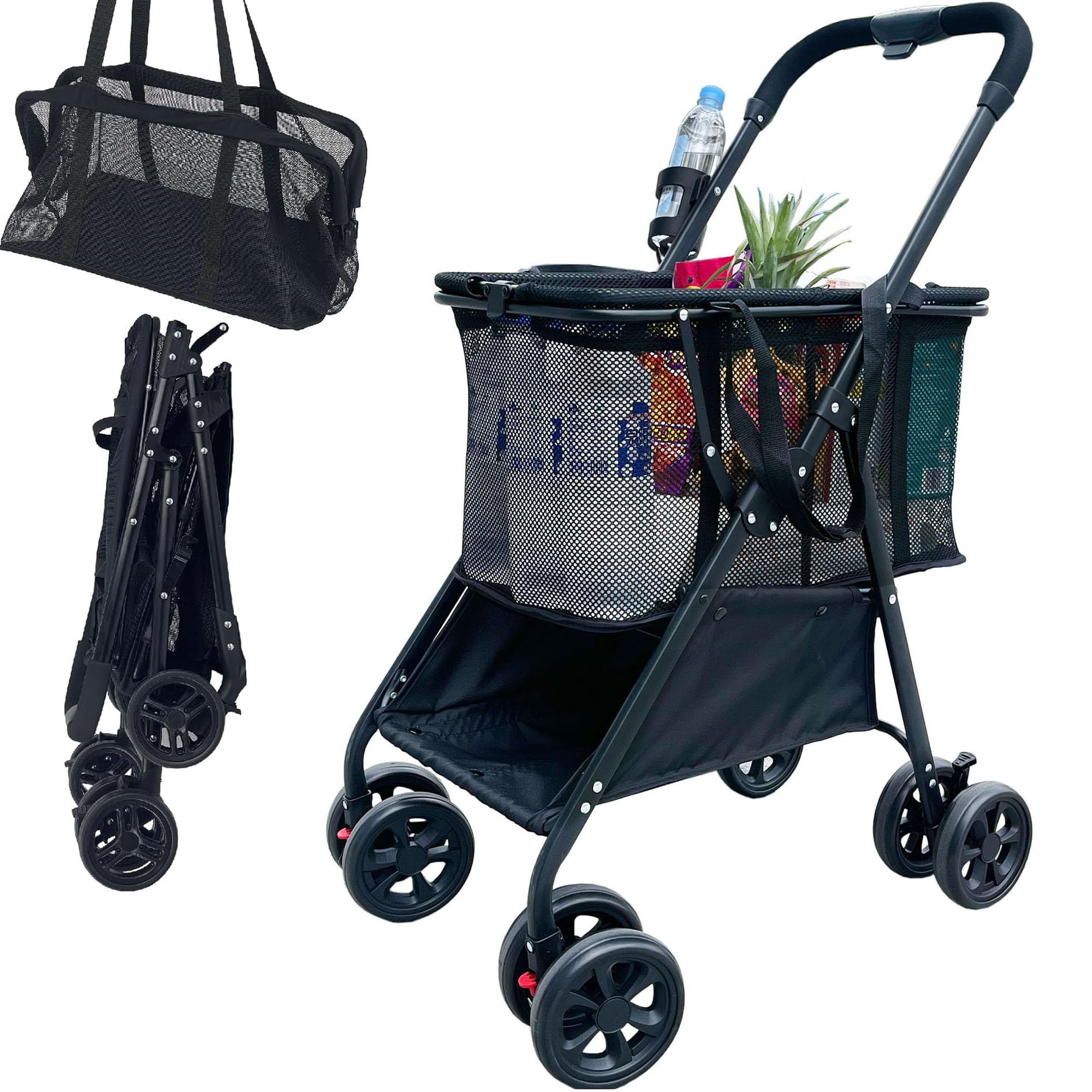

Hopeholic Shopping 4 Carry 2 Large with Gift Cart, Foldable, Lightweight, Stylish, Wheels, One-Touch, Cart, Compact, Tier, Capacity, Brake, Carry, чёрный