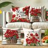 Home Decoration Elegant Red Flower and Bee Pattern Pillow Cover, Living Room Sofa Cushion Cover, Bedroom Room Decoration