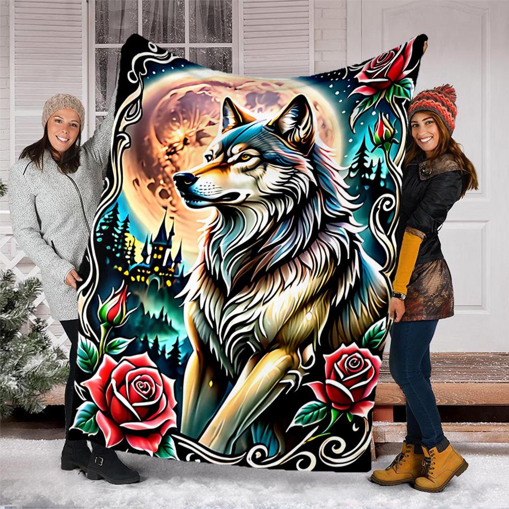 1pc Wolf Roses Design Throw Blanket Polyester Fiber, Lightweight Flannel, Soft & Warm, All Season Use for Outdoor, Camping