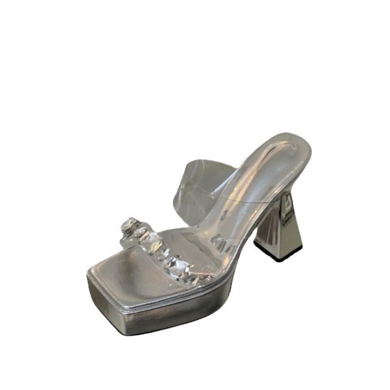 High heel one-word cool slippers women's summer 2025 new fashion crystal waterproof table women's slippers thick heel slippers women