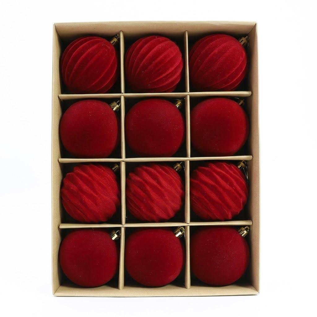 12Pcs Flocked Christmas Bauble Set, Boxed Plastic Xmas Hanging Balls, 6cm & 8cm Luxury Decor Ornaments for Christmas Tree