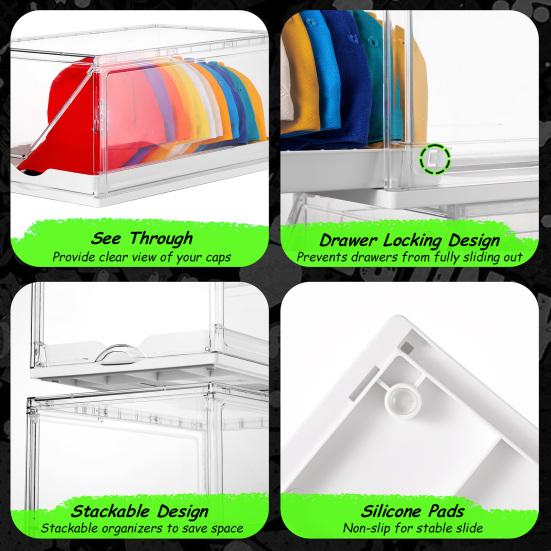 Cap Box Organizer Transparent Design Hat Holder with Sliding Tray Stackable Storage Case with Magnetic Door