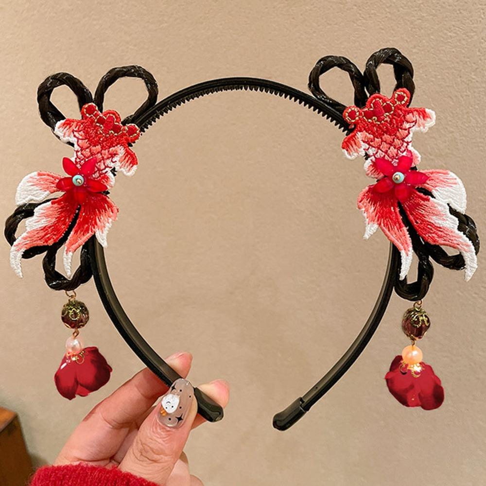 Braid Hair Children Wig Headband Flower Red Bow Hairband Simple Hanfu Hair Sticks  Baby