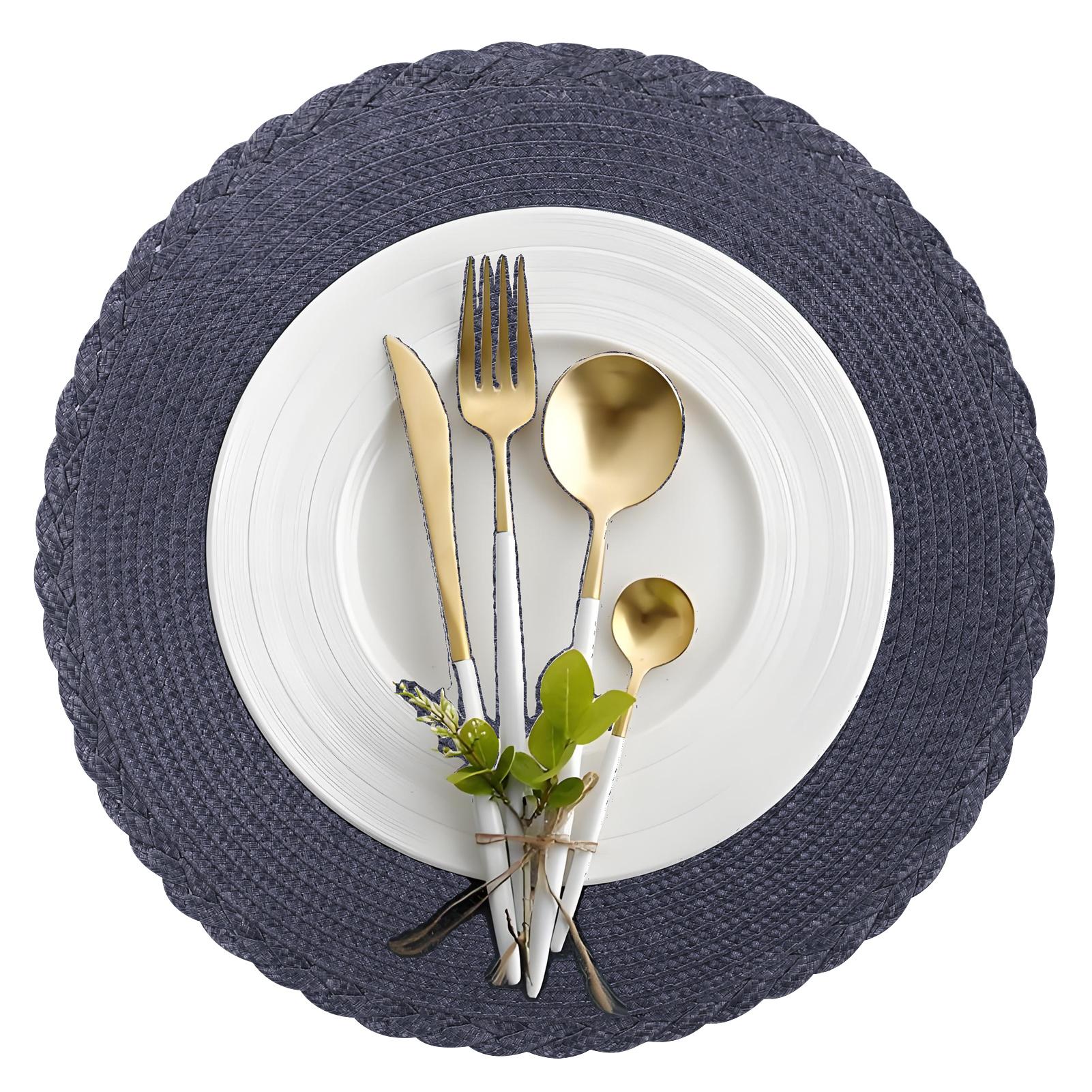 

6Pc Round Braided Table Mat with 6Pc Cup Coasters Heat Resistant Washable Non Slip Placemats for Kitchen Dining Tables Pads 33.5CM and 10CM