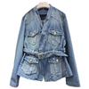 European 2026 Spring V-neck Waist-cinching Slim-fit Lace-up Pocket Belted Jacket Coat