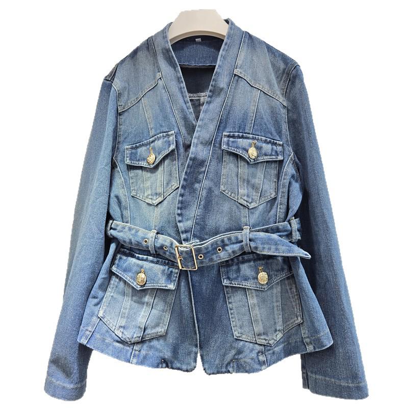 European 2026 Spring V-neck Waist-cinching Slim-fit Lace-up Pocket Belted Jacket Coat
