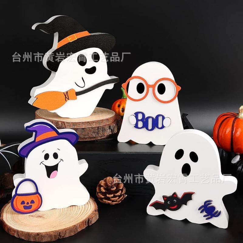 Halloween ghost wooden ornaments, ghost festival atmosphere interior decoration desktop wooden crafts