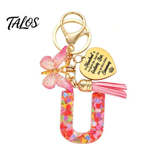 Talos Keychain Pendant, Sequins Initial Letter Charm Key Chain with Butterfly Tassel Stainless Steel Heart Design, A-Z Holder for Bag Purse Backpack