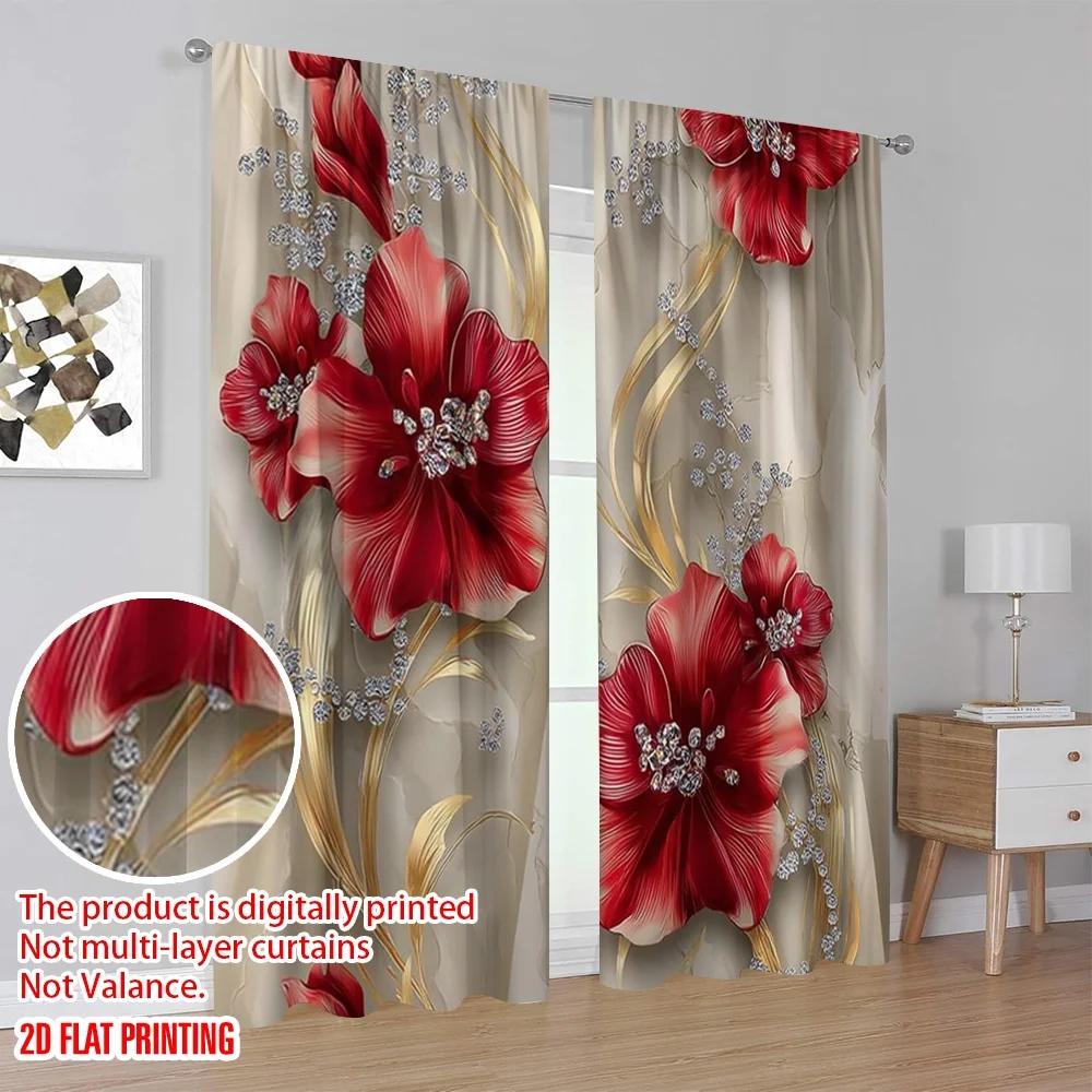 Flat Printing Drapes Red Floral Seal Digital Printed Polyester Holiday Decorations Use Event Curtain Set Of 2 Elegant Made Washable