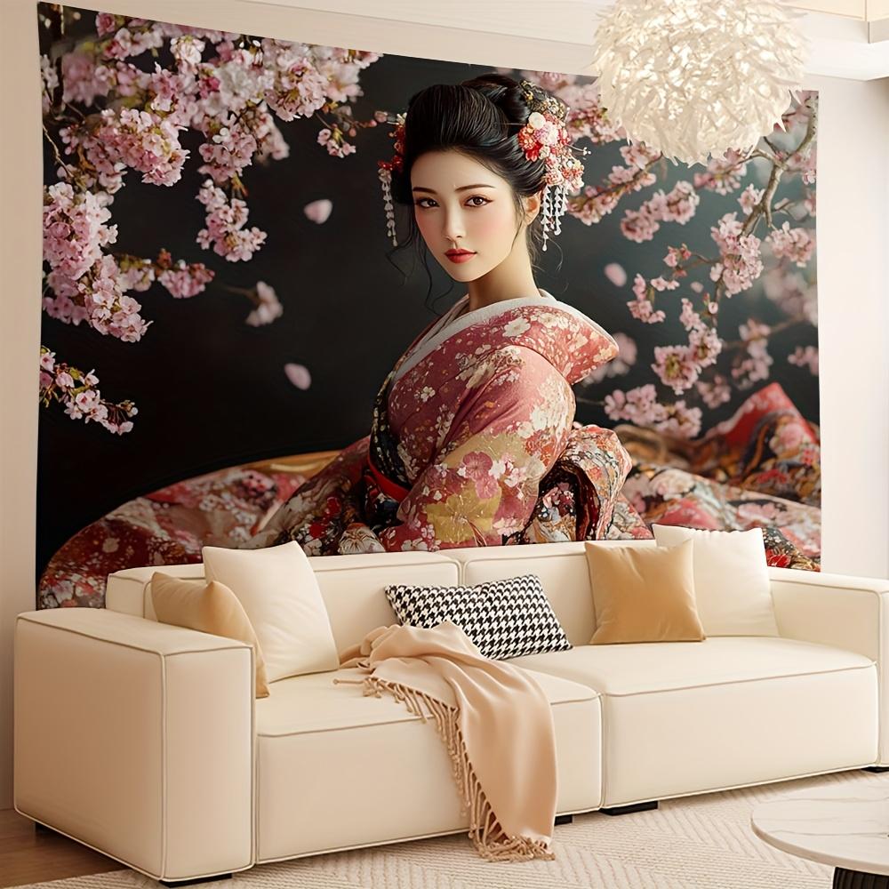Geisha Woman Cherry Blossom Tapestry Japanese Kimono Art Spring Flowers Wall Hanging Eastern Decor Living Room Print