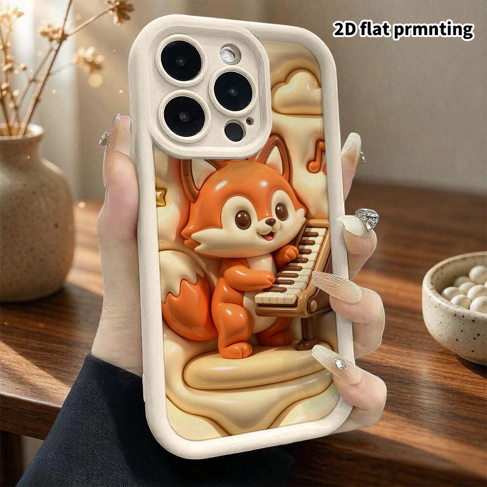 Phone case: 2D flat design suitable for iPhone 18 17 16 15 14 13 Pro protective case, little fox playing the piano, perfect Christmas and Halloween ho