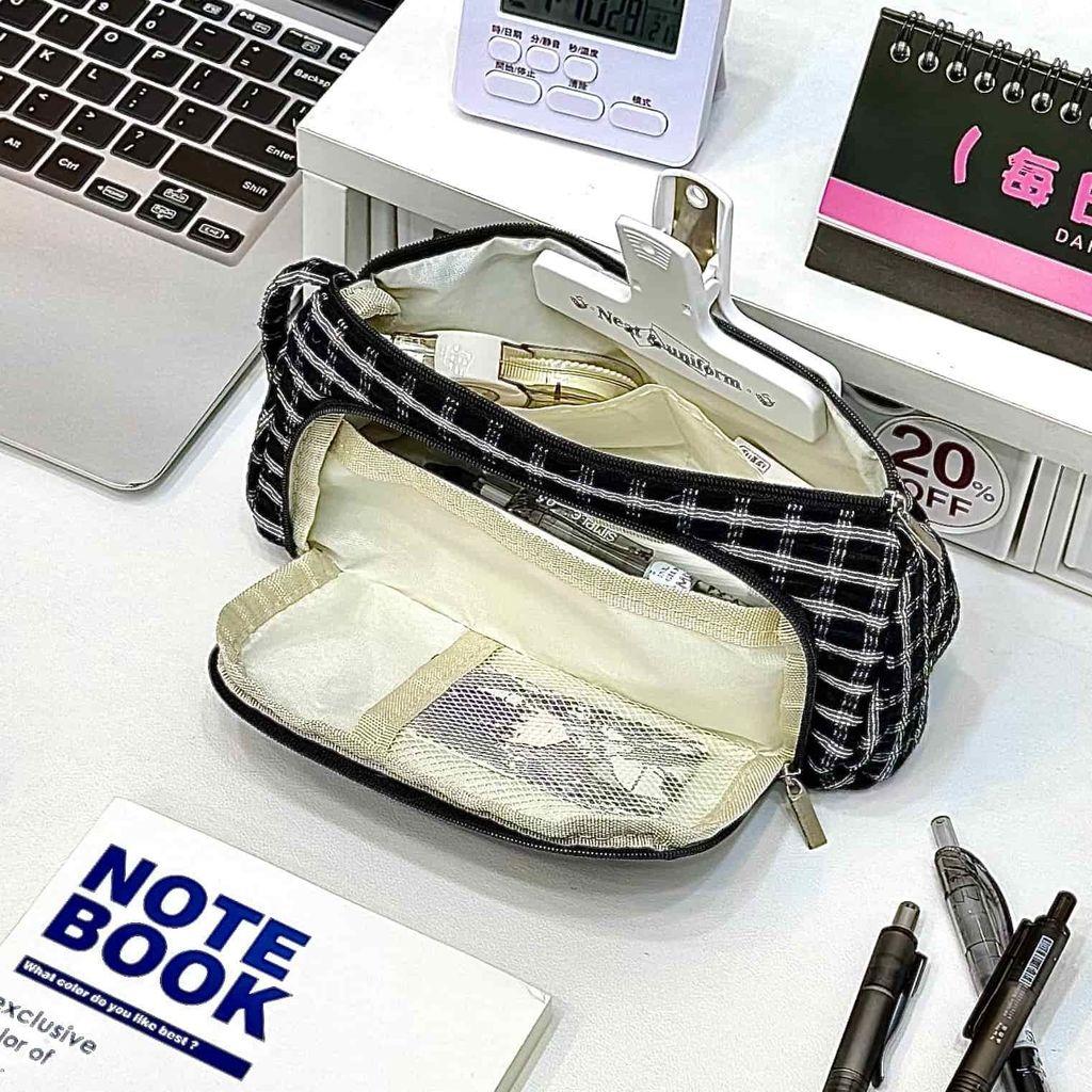 Cute Cat Lattice Pattern Pen Case With Fabric Material For Students And Girls