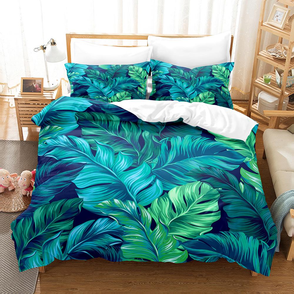 Tropical Plant Kit 3D Digital Printing Quilt Cover Flower Green Leaf Bedding Three-Piece Set