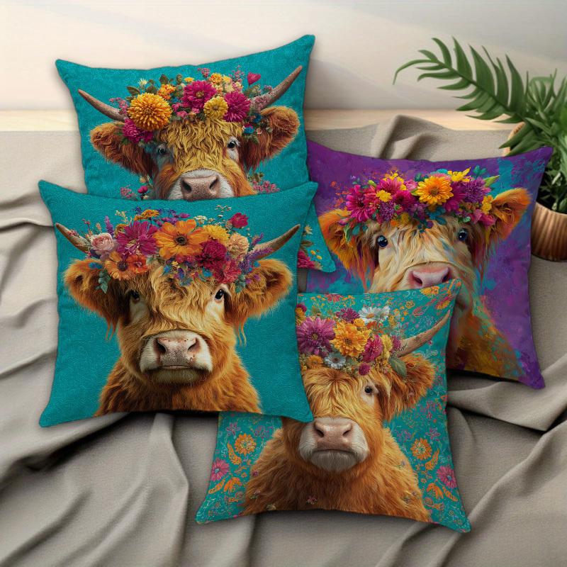 1/4pcs Boho Floral Highland Cow Throw Pillow Covers Farmhouse Animal Decorative Cushion Cases for Home Sofa room