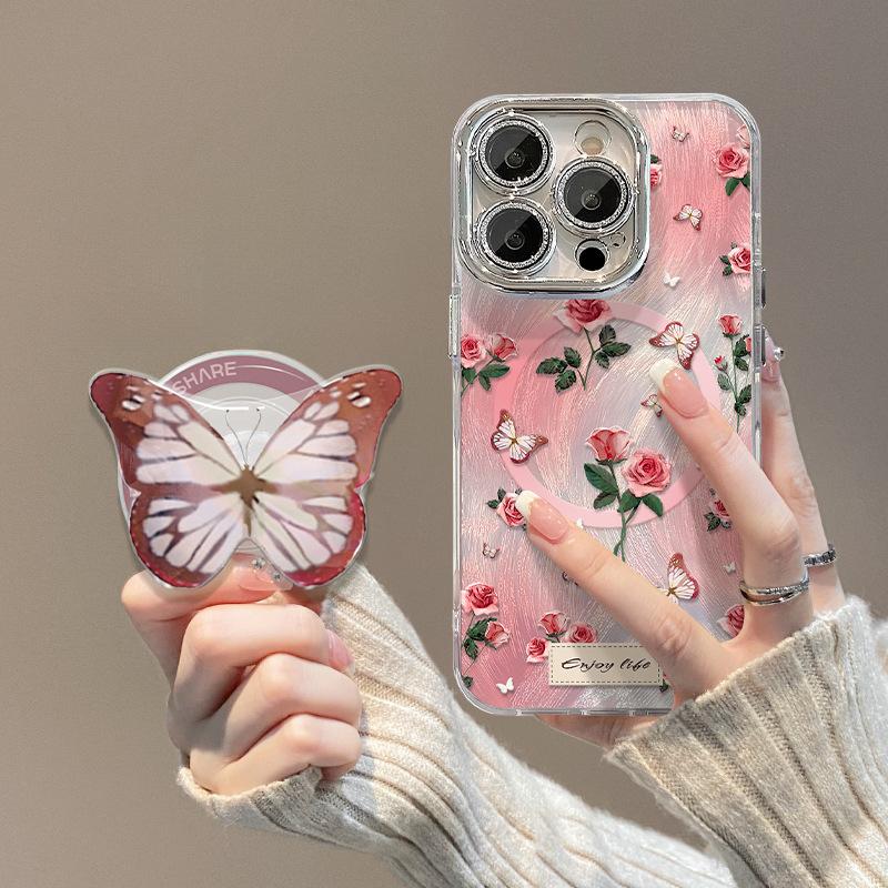 

Магнитный держатель-подставка «Роза-бабочка», подходит для мобильного чехла Apple 16pro, 15 Полностью закрывающая защитная пленка для объектива, 14 Противоударный, 13 Перо-нить iPhone 15 Pro