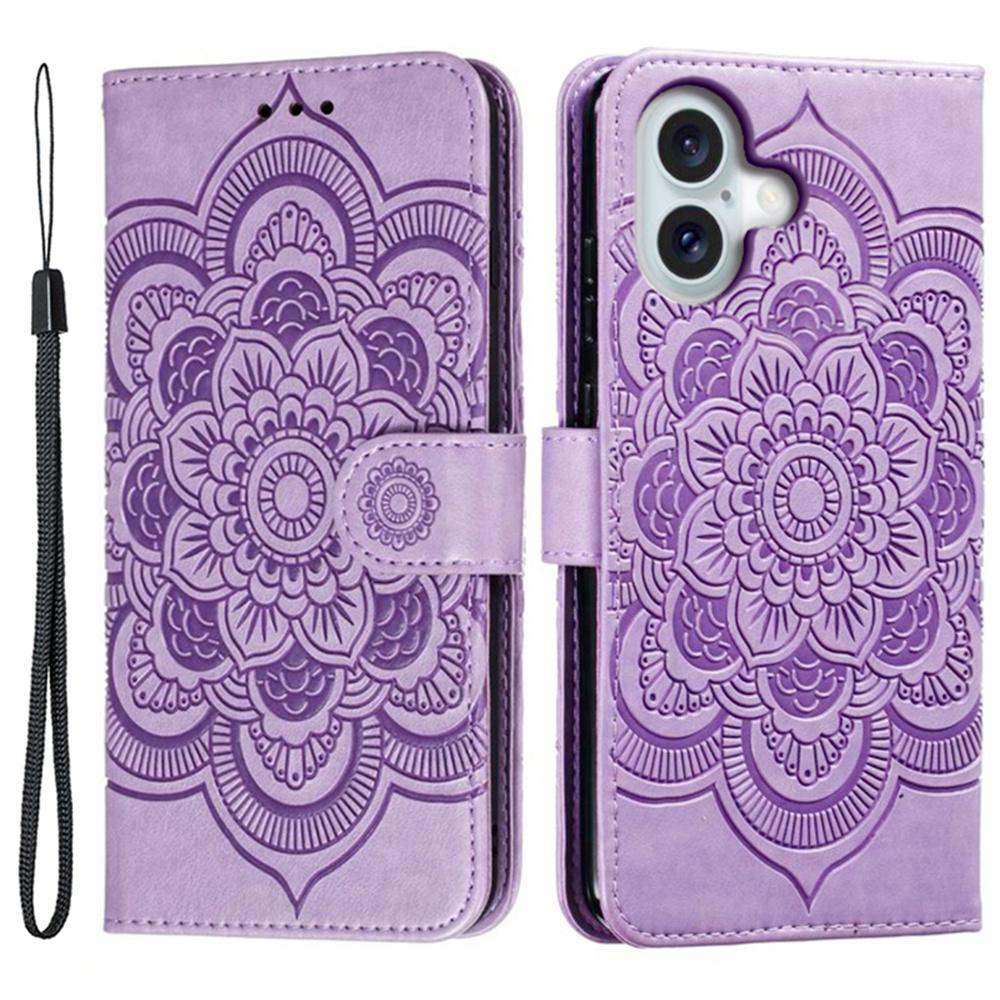 For iPhone 16 Case PU Leather Mandala Imprinted Design Wallet Phone Cover - Green