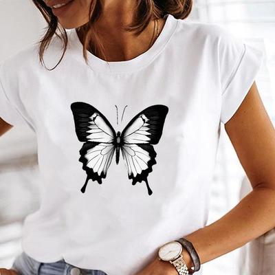 (European Size) Butterfly Tee Top Watercolor Lovely O-neck Clothing Fashion Tshirt Casual Short Sleeve Women Print Lady Female Graphic T-shirt