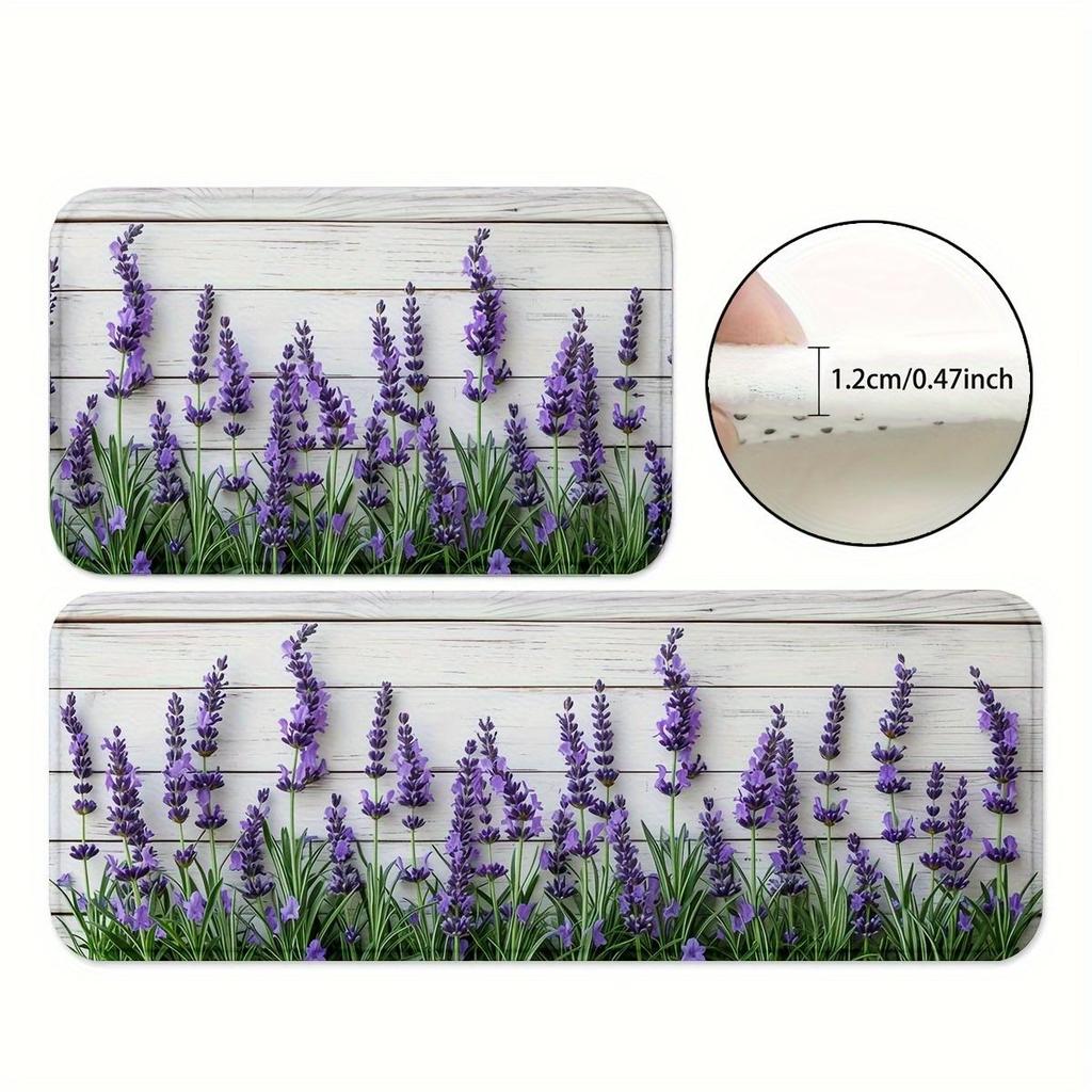 Lavender Flower Print Kitchen Rug, Non-Slip Cushioned Comfort Standing Mat, Heavy Duty Floor Carpet for Home Sink Laundry