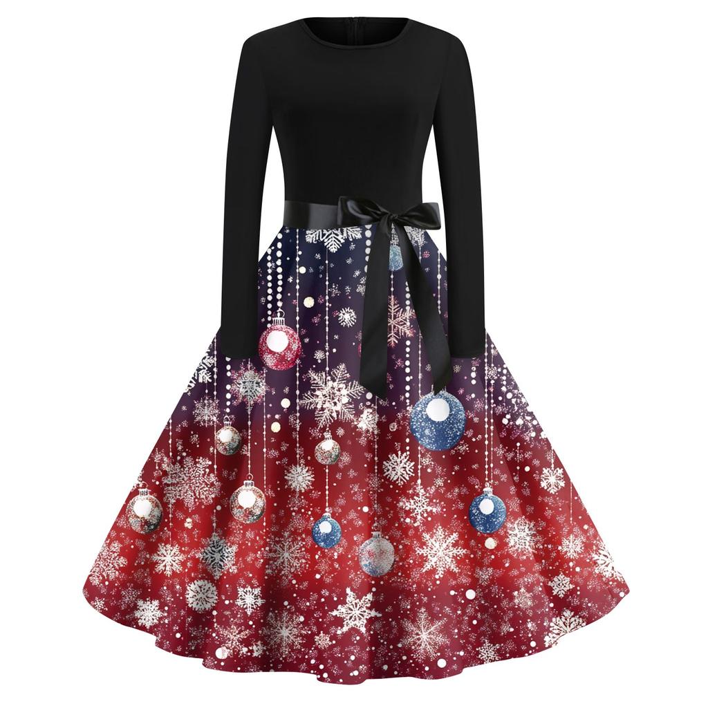 Damenmode Rundhalsausschnitt Lässig Schlank Weihnachten Bedruckte Langarmkleider