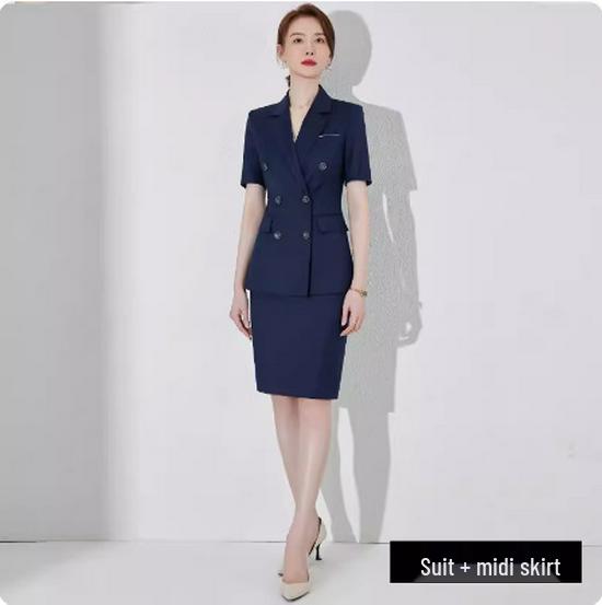 Navy Blue Short Sleeve Double-Breasted Professional Suit Set