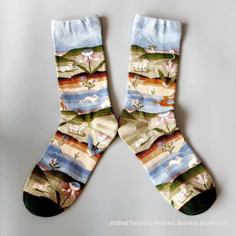 Șosete la modă cu pictură în ulei franceză: Șosete de vițel colorate, cu tub mediu-înalt, de nișă, la modă pentru femei