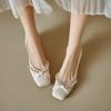 2025 New Shoes for Women's Summer Square Toe Beaded Thick Pumps Womens Versatile Shallow Mouth High-heeled Shoes Women