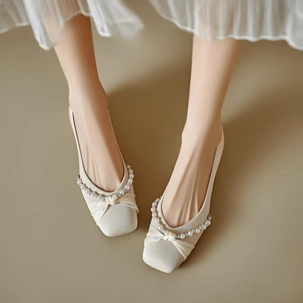 2025 New Shoes for Women's Summer Square Toe Beaded Thick Pumps Womens Versatile Shallow Mouth High-heeled Shoes Women