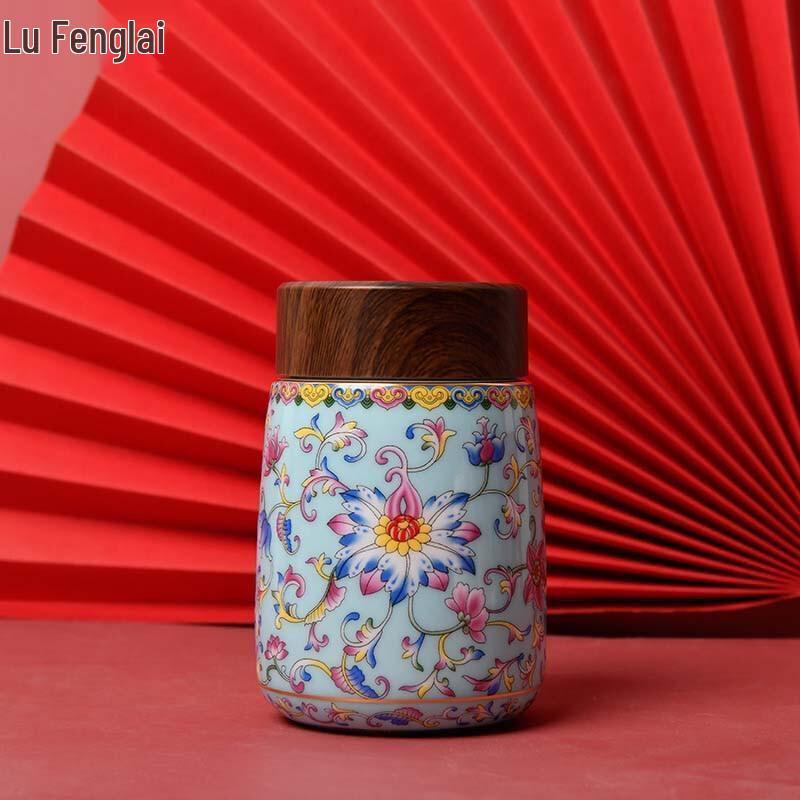 Peacock Blue Chinese Enamel Ceramic Insulated Travel Mug