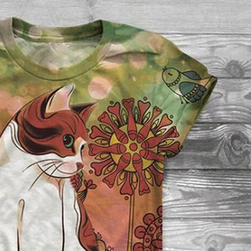 T Shirt Women Harajuku Tops Plus Size Women Short Sleeve 3D Kitty Cat Printed O-Neck Tops Tee T-Shirt Camisetas Mujer
