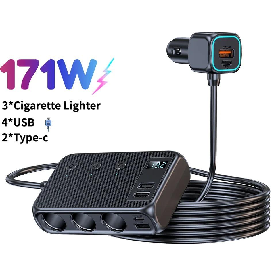 128W Car Charger Adapter 9 Port 4 USBQuick Charging PD 30W/QC 3.0 12V/24V DC Car Phone Charger for Huawei Xiaomi Samsung