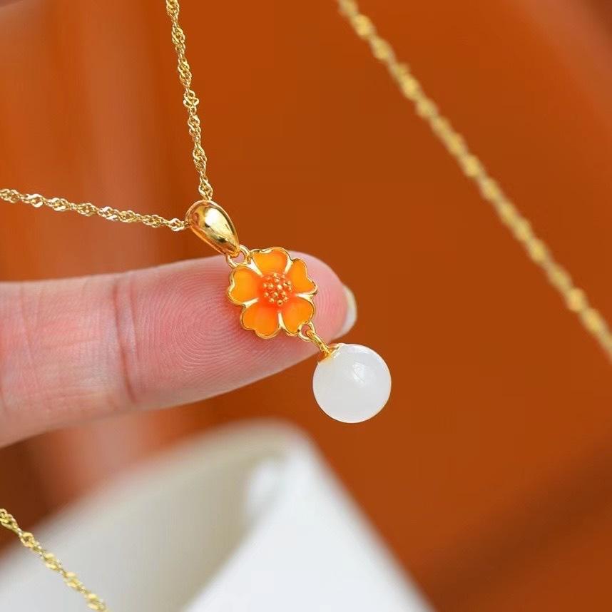 Set de jad Hetian cu incrustație de argint 925, colier mare de mărgele albe, cercei, set din trei piese, temperament simplu, modă