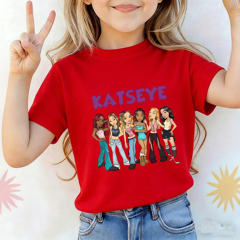 Katseye Cartoon T Shirt Boys Girls Short Sleeve T-shirt Kids Streetwear Summer Children's Clothing Music Singer Y2K Tees Tops