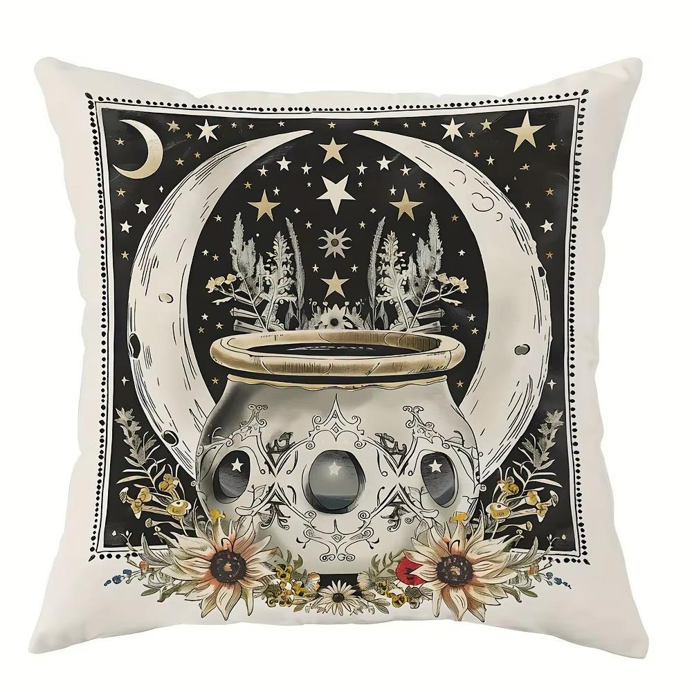 1Pc Witchy Occult Moth Cauldron Raven Moon Pattern Pillowcase Boho Aesthetic Throw Cover For Home Sofa Bedroom Decor